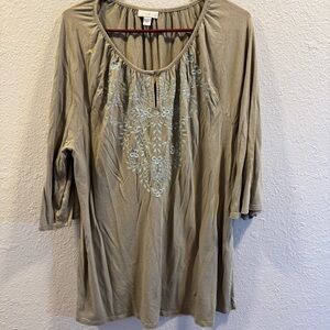 J. Jill Olive Blouse with Light‎ Blue Embroidery